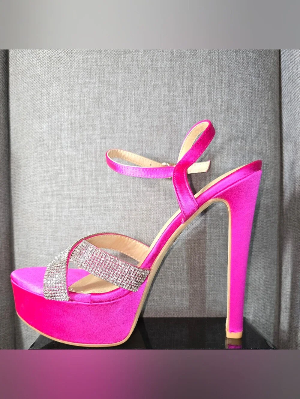 Women's Fuchsia Platform Stiletto Sandals with Crystal Strap